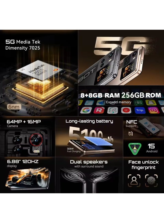 كوبوت هاتف ذكي 5G X100، يعمل بنظام أندرويد 15، شاشة 6.88 بوصة، ذاكرة وصول عشوائي 8 جيجابايت، ذاكرة تخزين داخلية 256 جيجابايت، كاميرا 64 ميجابكسل + 16 ميجابكسل، بطارية 5100 مللي أمبير، لون أسود - Image 2